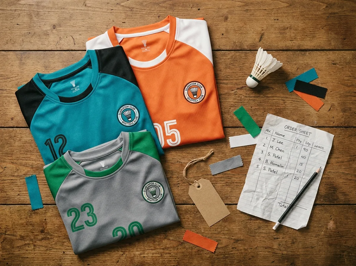 Trois maillots de badminton personnalisés aux couleurs différentes présentés en flat-lay avec bon de commande pour un club sportif