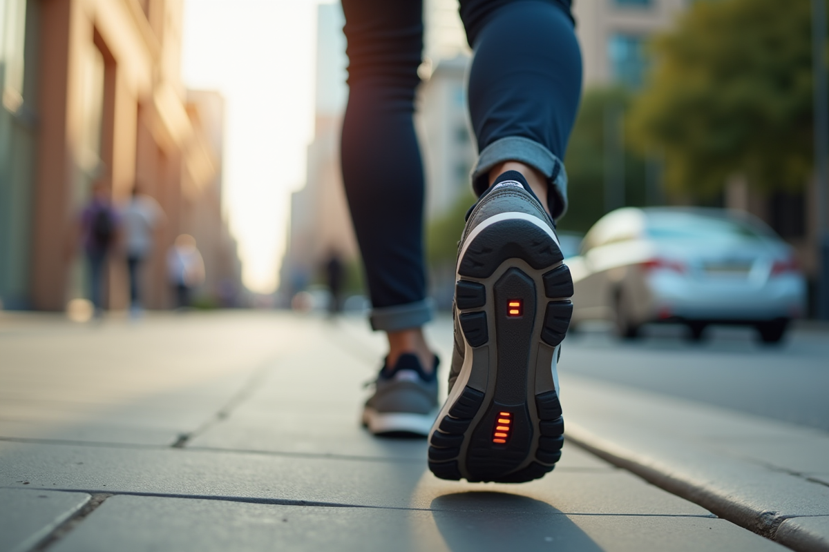 Pieds en marche sur trottoir avec application de suivi