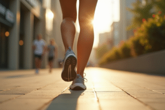 Jambes et pieds d'une personne marchant vite en ville avec des chaussures sportives