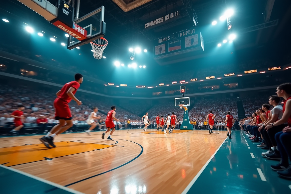 Match de basket intense avec joueurs en action sur le terrain