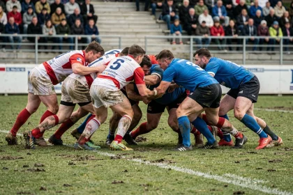 Joueurs de rugby en mêlée lors d'un match de Fédérale 2 Poule 3 sur un terrain régional