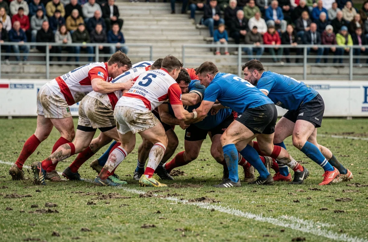 Joueurs de rugby en mêlée lors d'un match de Fédérale 2 Poule 3 sur un terrain régional