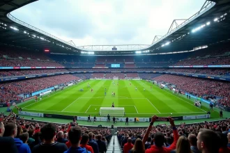 Match du Racing Club de Strasbourg au stade de la Meinau avec joueurs en action et supporters dans les tribunes