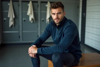 Matthis Abline en interview dans un vestiaire sportif moderne, regard sincère vers l'objectif