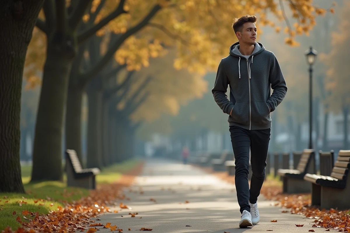 Matthis Abline marchant pensif dans un parc urbain en automne, atmosphère documentaire et introspective