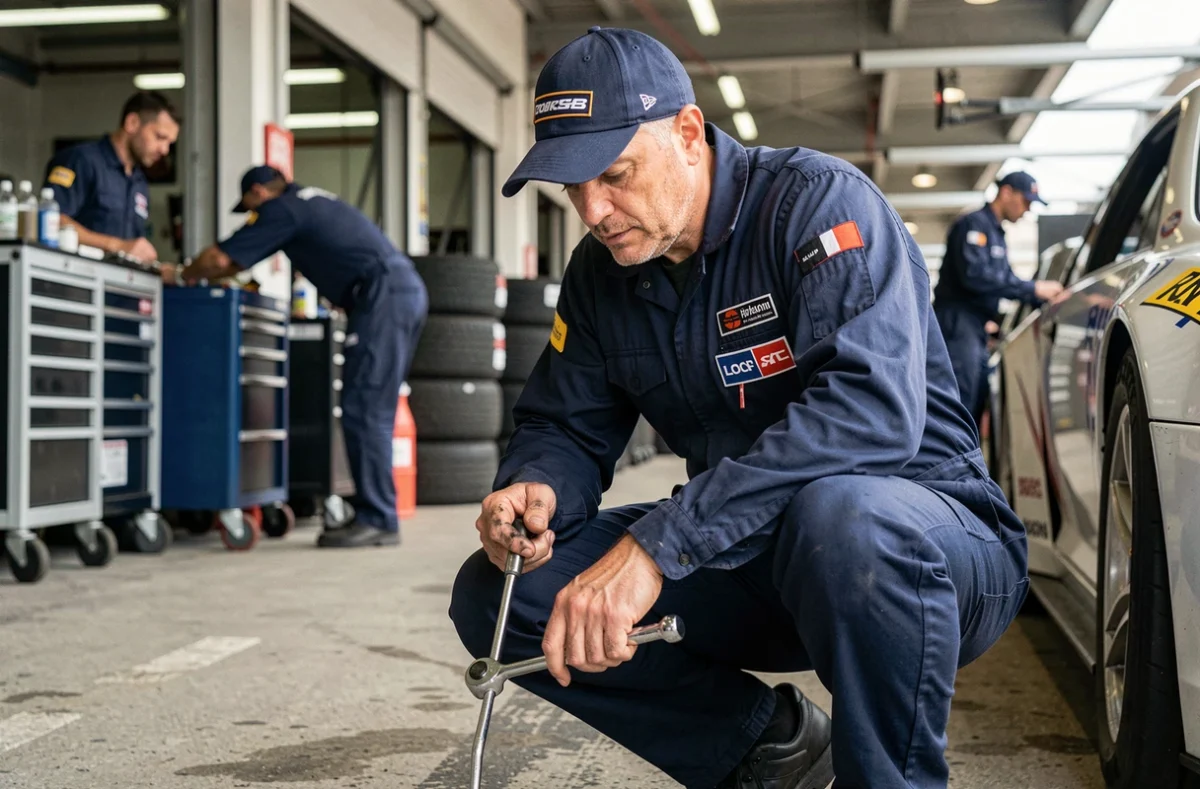 Mécanicien automobile au stand préparant une voiture de course lors d'un championnat régional