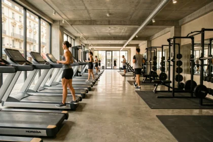 Vue panoramique d'une salle de sport moderne dans le Loiret avec équipements variés et adhérents en plein entraînement