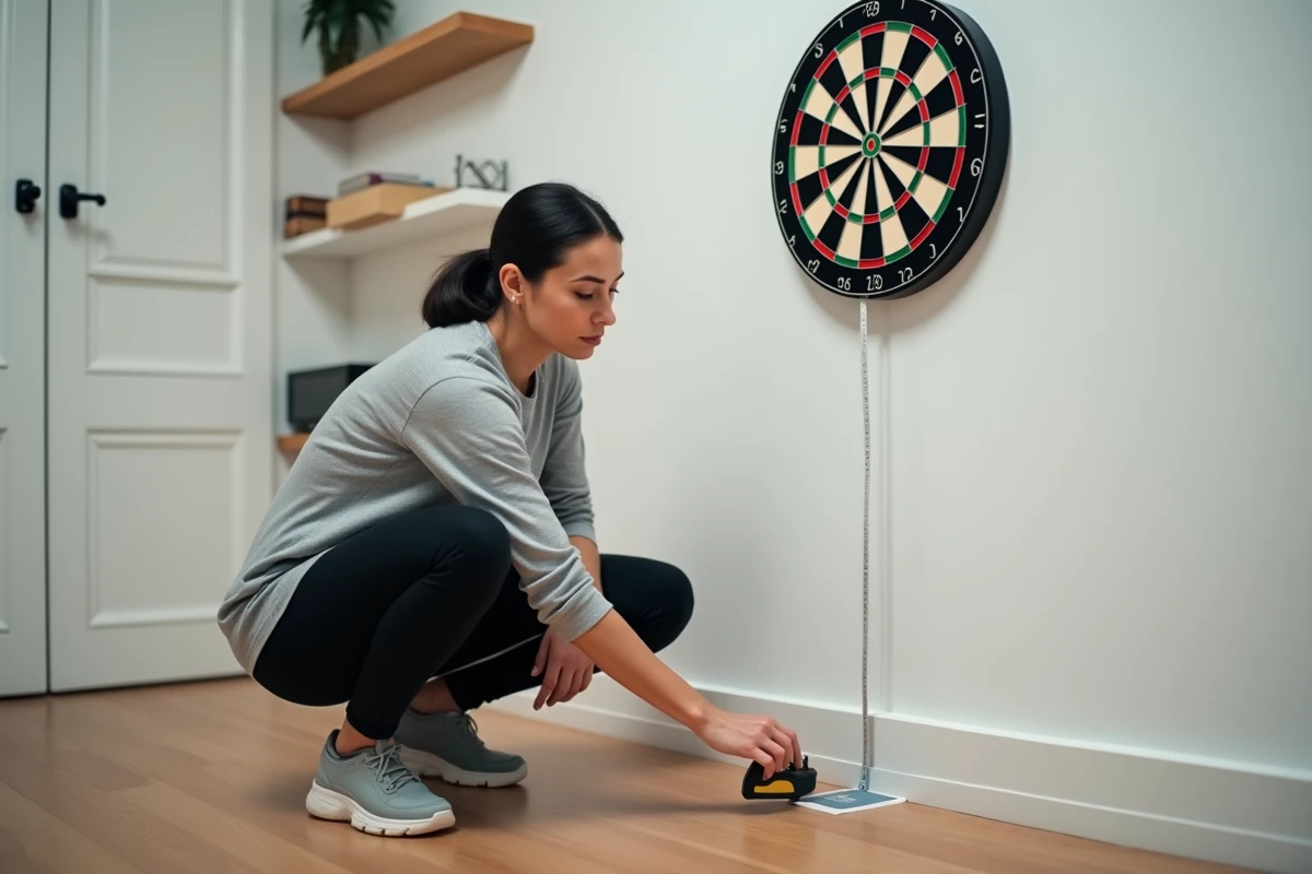 Femme mesurant la distance de lancer pour fléchettes avec un mètre ruban dans un espace de jeu intérieur moderne