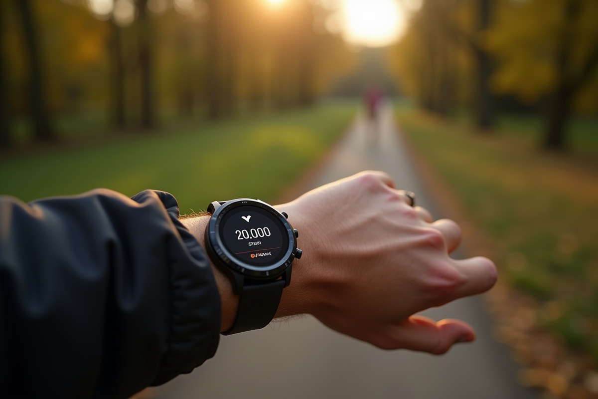 Montre connectee affichant 20000 pas avec un sentier de parc en fond