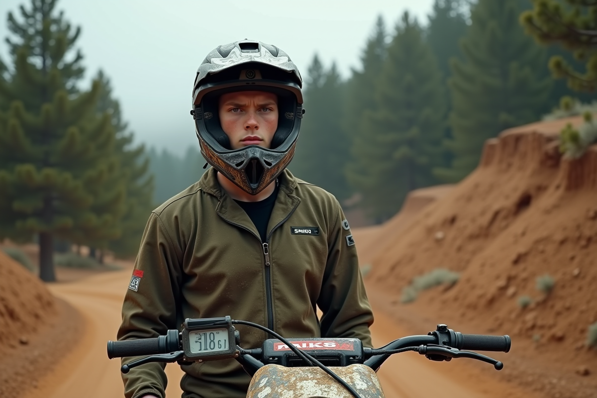 Jeune homme en combinaison de motocross avec casque à côté de sa moto