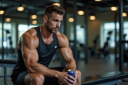 Bodybuilder masculin en salle de sport avec canette d'énergie