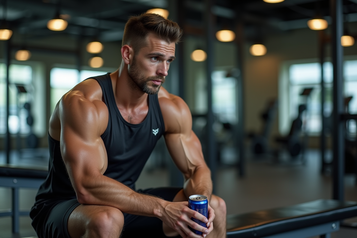Bodybuilder masculin en salle de sport avec canette d'énergie