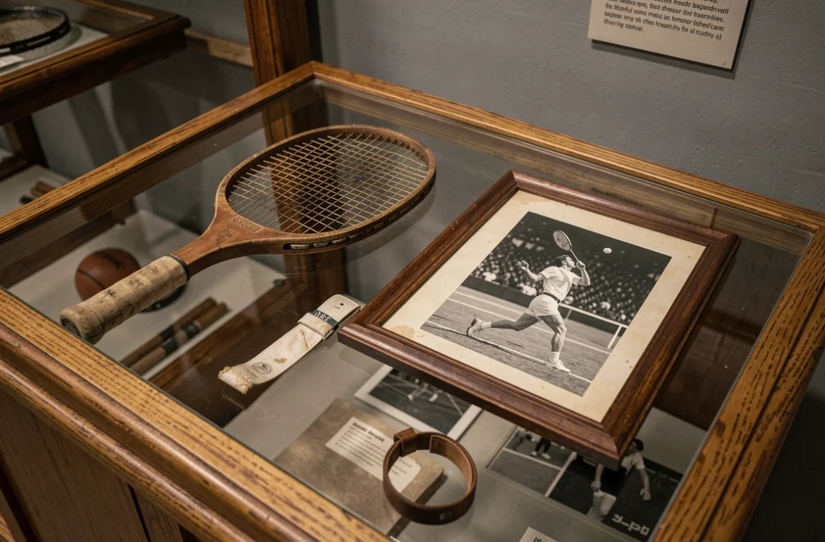 Vitrine de musée sportif présentant une raquette de tennis vintage et des souvenirs d'époque, rendant hommage à la carrière et aux records de Stefan Edberg