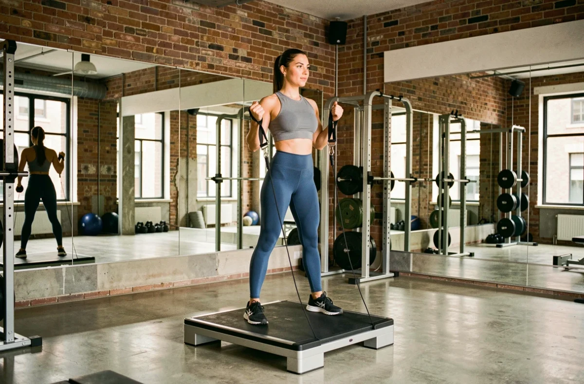 Femme s'entraînant avec des bandes de résistance dans le studio fitness ON AIR situé au centre d'Orléans