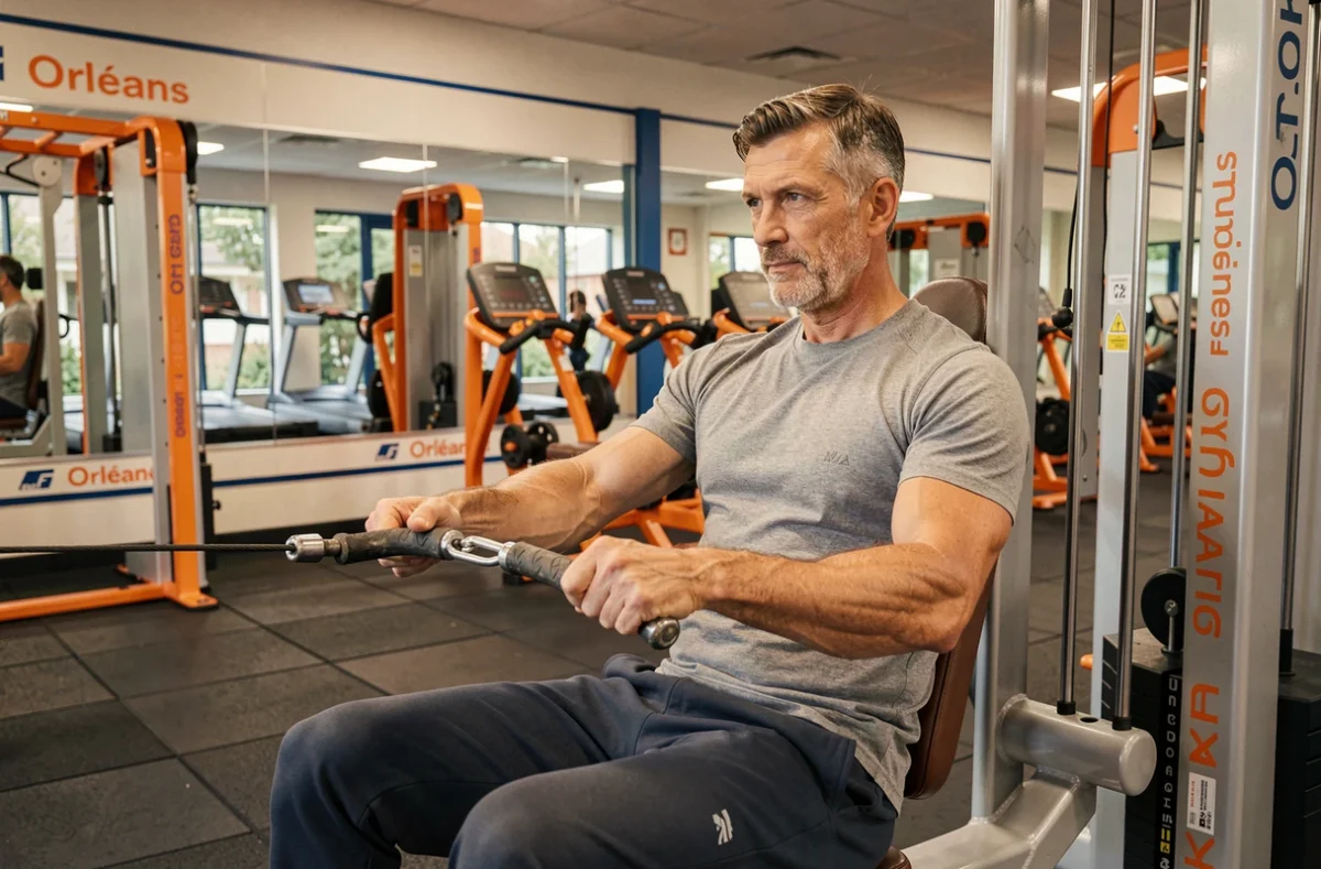 Homme pratiquant le rowing assis sur machine à câbles dans la salle L'Orange Bleue de Saint-Jean-de-Braye