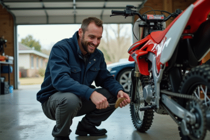 Père souriant nettoyant la chaîne d'une moto tout-terrain dans un garage