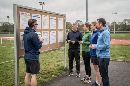 Groupe d'adultes en tenue sportive discutant des programmes d'un partenariat sportif de comté devant un panneau d'affichage communautaire en plein air