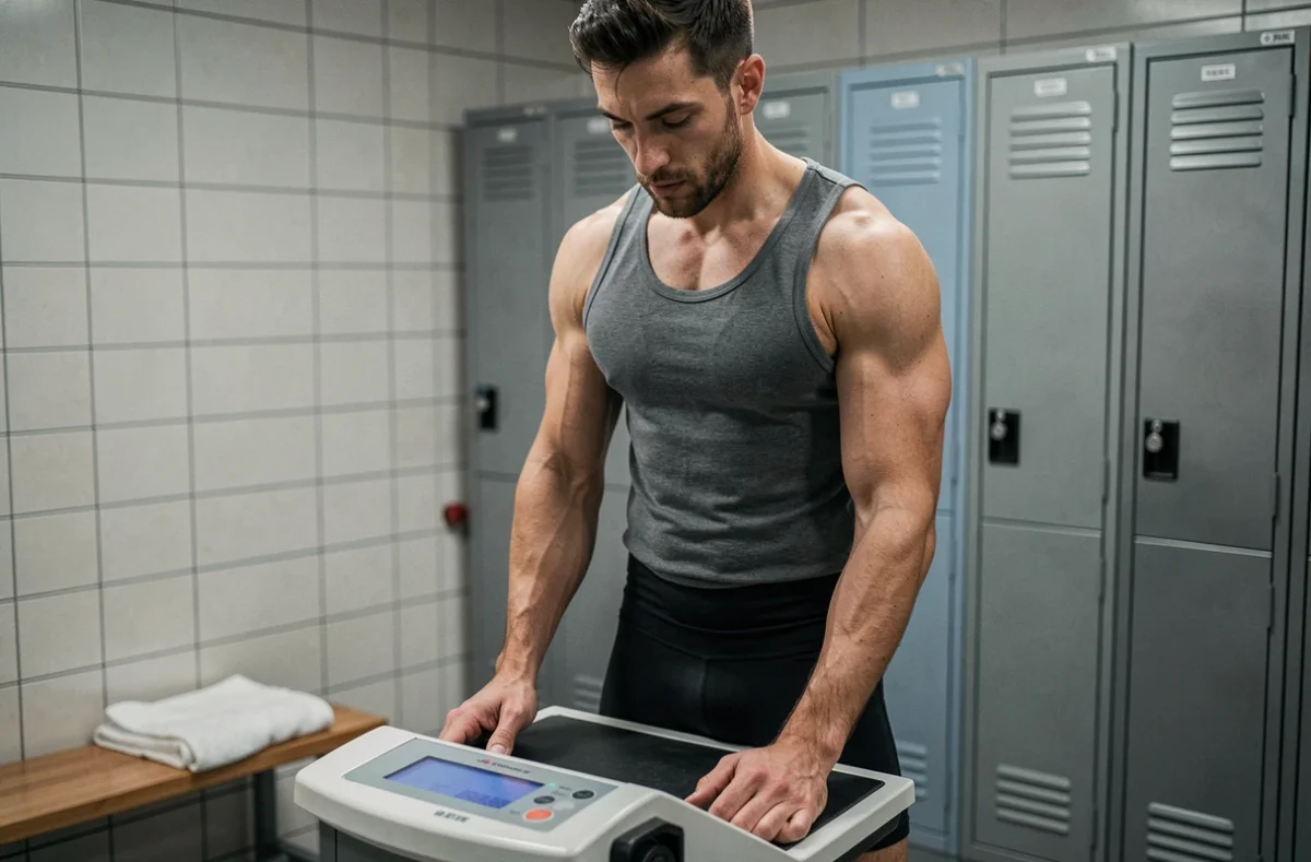 Combattant UFC sur une balance médicale dans un vestiaire, vérifiant son poids lors d'une descente de catégorie