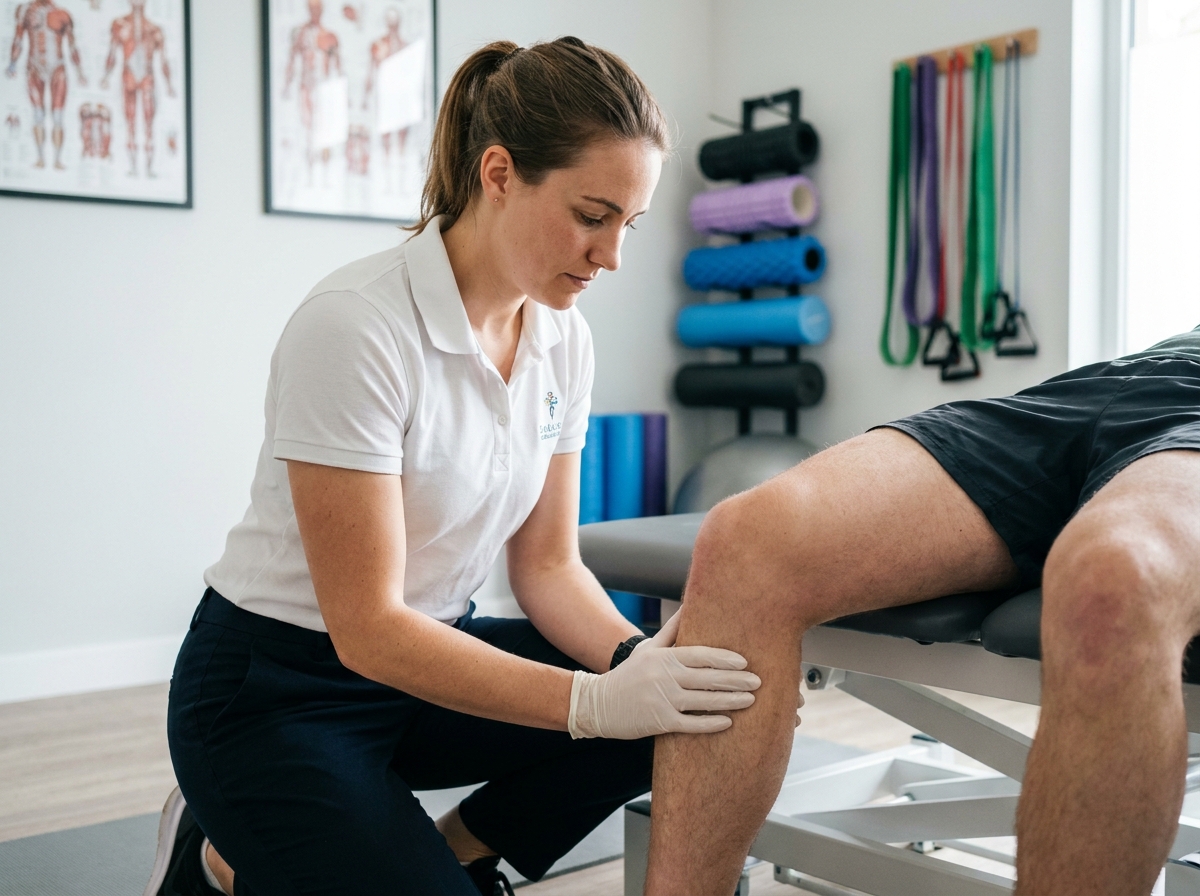 Physiothérapeute sportive examinant le tibia d'un coureur en cabinet de rééducation sportive