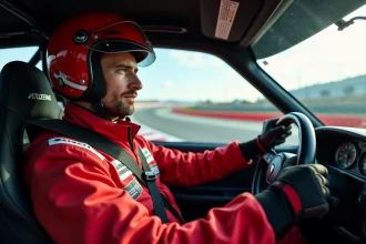 Pilote de stage de conduite concentré au volant d'une voiture de circuit, portant une combinaison ignifugée rouge et noire