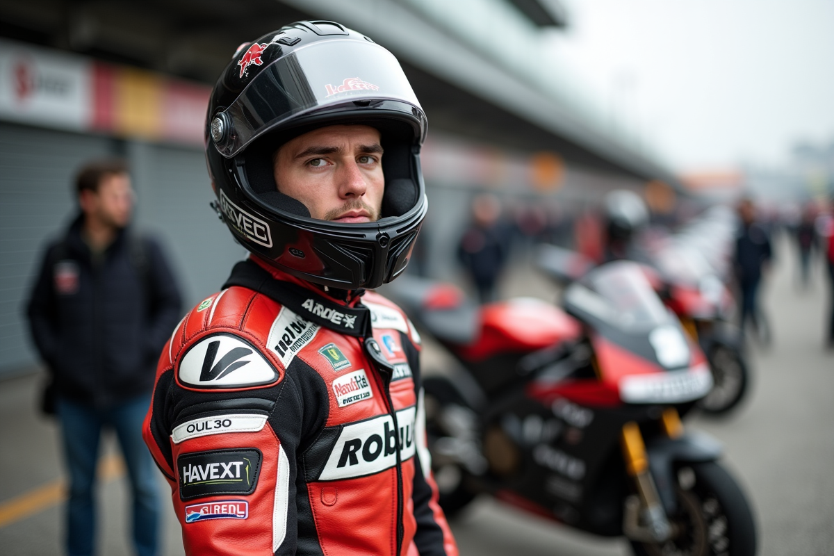 Pilote de moto en tenue de course dans le paddock