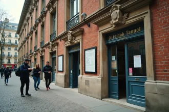 Façade historique de la piscine de la Butte aux Cailles à Paris avec des nageurs faisant la queue devant l'entrée un matin de semaine