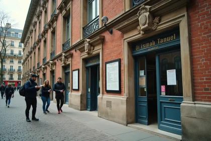 Façade historique de la piscine de la Butte aux Cailles à Paris avec des nageurs faisant la queue devant l'entrée un matin de semaine