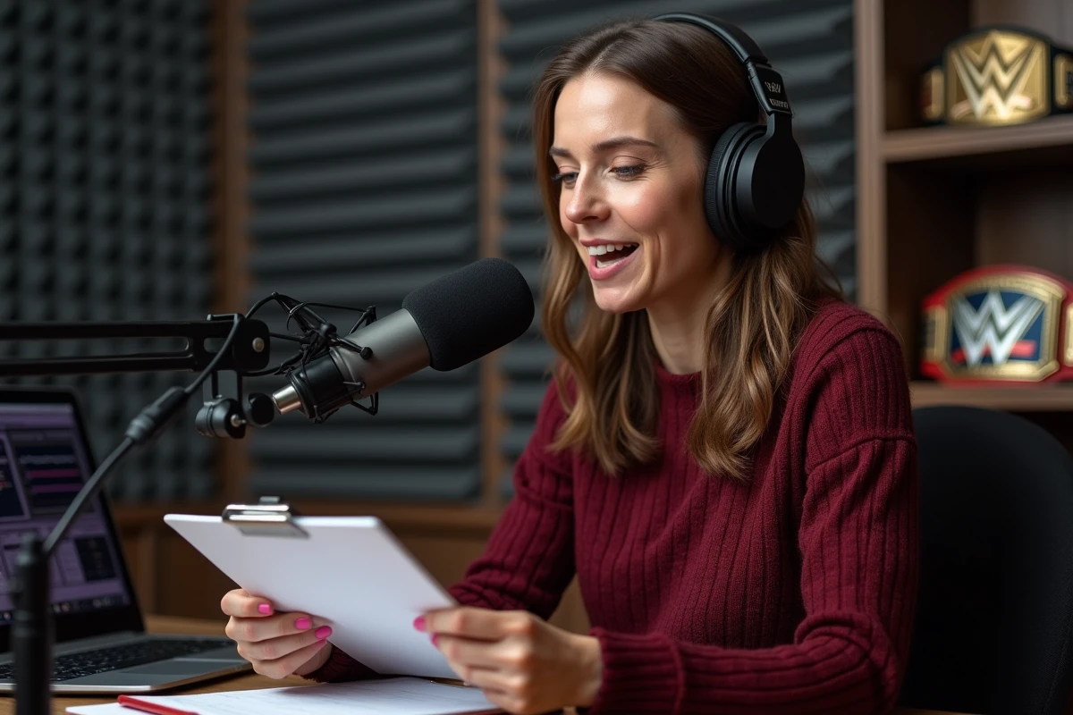 Podcasteuse spécialisée en catch WWE enregistrant un épisode sur les rumeurs et fuites de 2026