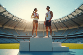 Athlètes sur le podium avec médailles en stade moderne