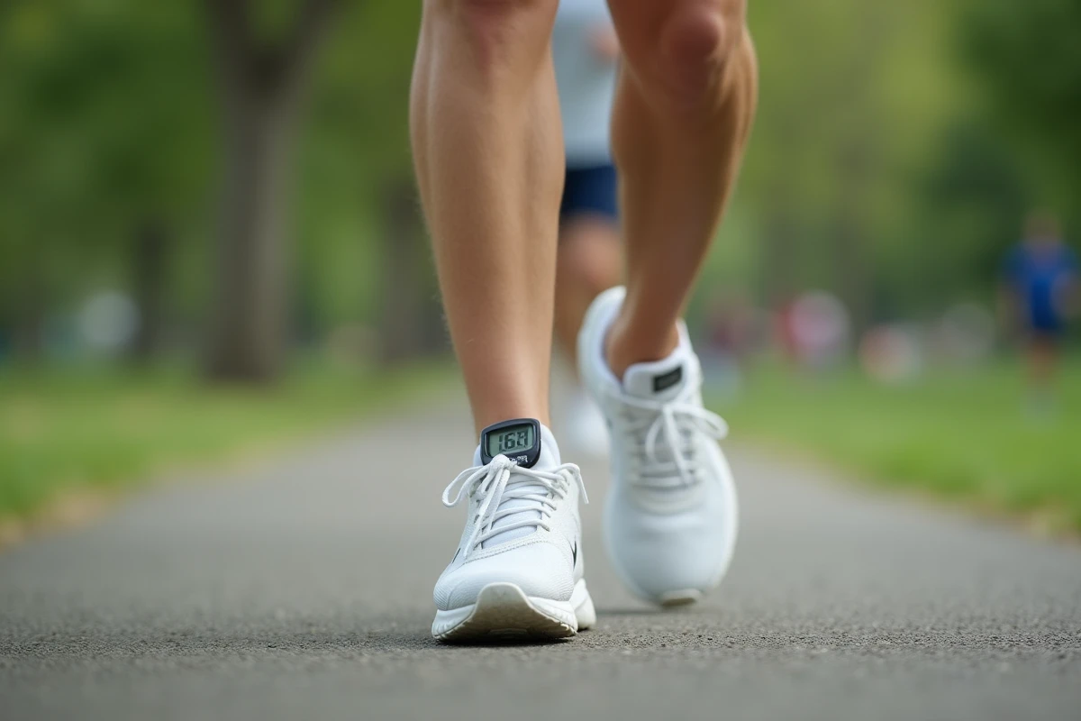 Gros plan sur un podomètre accroché à une ceinture de sport pour compter les pas et calculer la distance en kilomètres et les calories brûlées