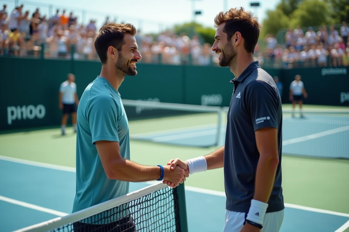 Deux joueurs de tennis se serrant la main au filet à l'issue d'un match de tournoi P100 sur court dur
