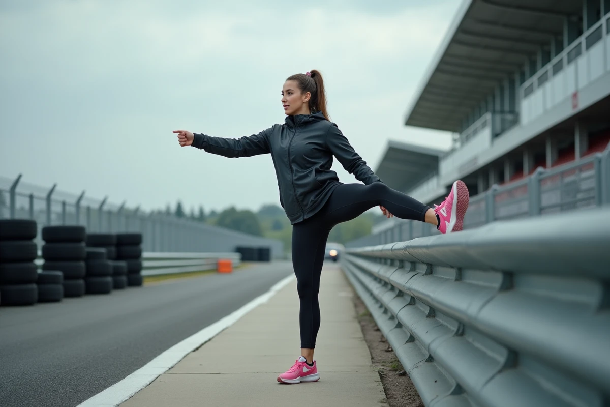 Femme se préparant physiquement dans un paddock avant un stage de pilotage sur circuit