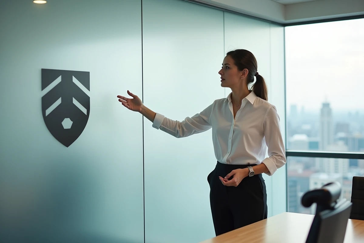 Directrice artistique présentant un système de logo minimaliste FC football projeté sur un mur en verre dépoli dans une salle de réunion agence moderne