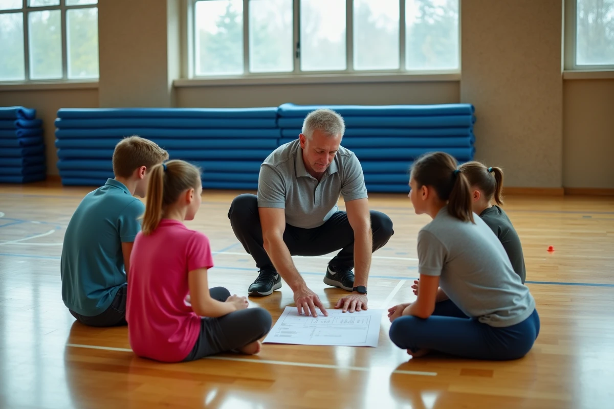 Professeur d'EPS expliquant les attendus de fin de cycle à des élèves assis sur le sol d'un gymnase scolaire