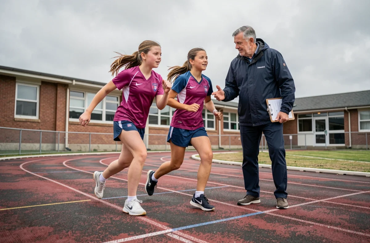 Entraîneur et deux adolescents en séance d'athlétisme sur une piste scolaire dans le cadre d'un programme de partenariat sportif de comté