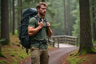 Homme randonneur ajustant son sac en forêt