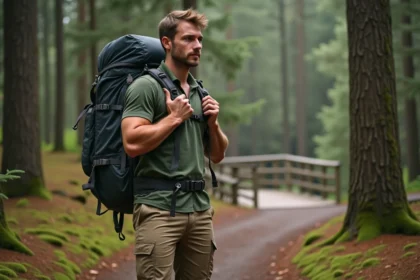 Homme randonneur ajustant son sac en forêt