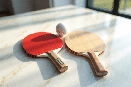 Deux raquettes de ping pong côte à côte sur une table blanche