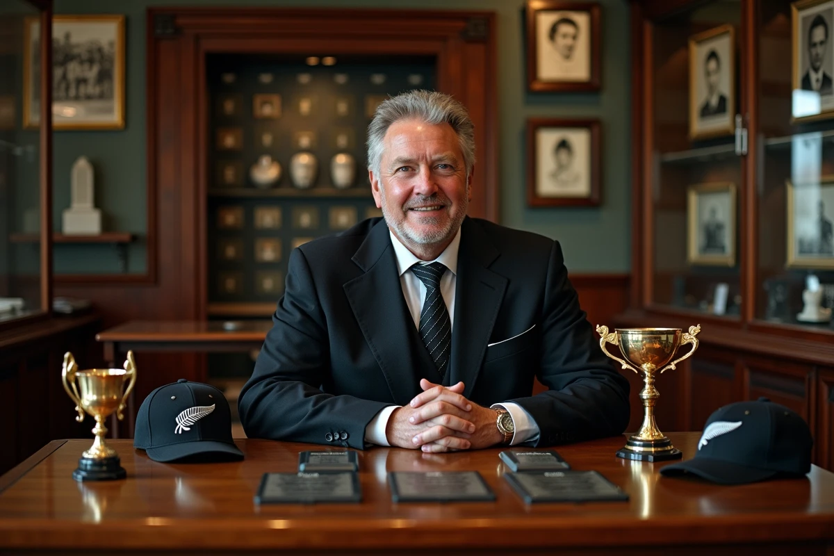 Ancien joueur des All Blacks posant avec des trophées et records de carrière dans un musée du rugby
