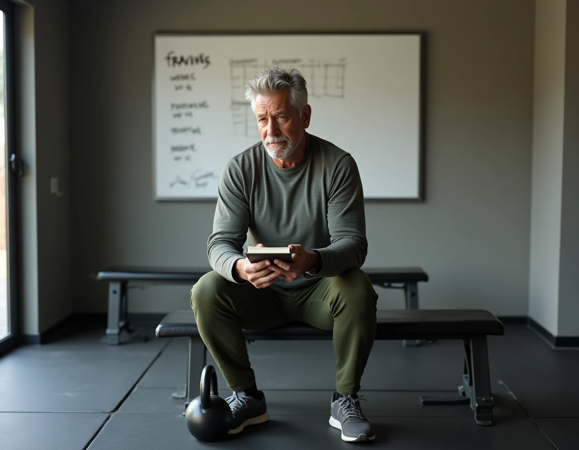 Personne au repos en position de goblet squat consultant un carnet d'entraînement dans un garage aménagé en salle de sport