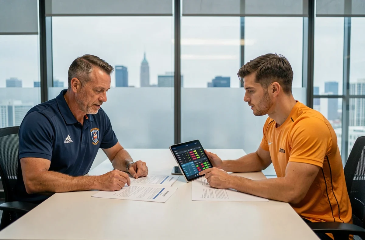 Entraîneur UFC et combattant en réunion stratégique dans un bureau sportif moderne, analysant les catégories de poids et les données de carrière