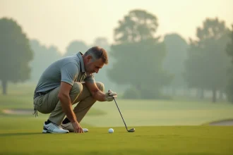 Golfeur adulte accroupi au bord du green étudiant son chip shot lors d'une routine autour du green