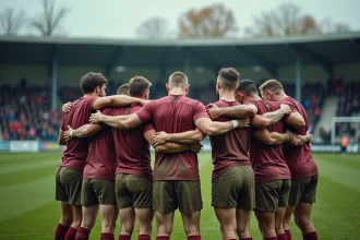Mêlée de joueurs de rugby en Fédérale 2 sur un terrain herbeux lors d'un match de saison 2026, jerseys rouges et blancs boueux, atmosphère compétitive d'automne