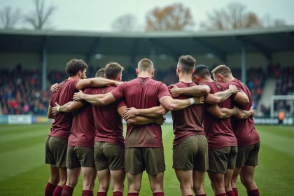 Mêlée de joueurs de rugby en Fédérale 2 sur un terrain herbeux lors d'un match de saison 2026, jerseys rouges et blancs boueux, atmosphère compétitive d'automne