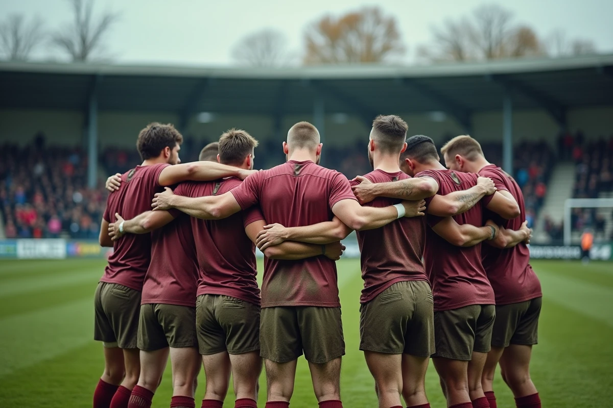 Mêlée de joueurs de rugby en Fédérale 2 sur un terrain herbeux lors d'un match de saison 2026, jerseys rouges et blancs boueux, atmosphère compétitive d'automne