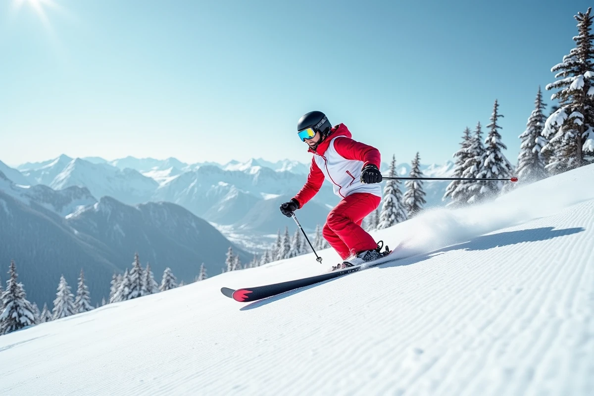 Skieuse en combinaison rouge dévalant une piste damée à La Plagne sous un ciel d'hiver