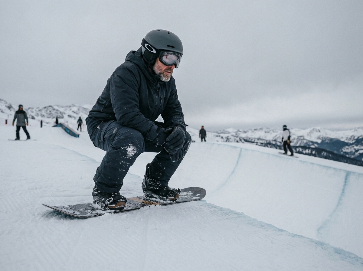 Snowboardeur portant des lunettes de sport correctrices sur le bord d'un halfpipe en montagne