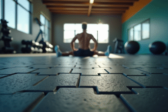 Sol de gym moderne avec athlète en étirement
