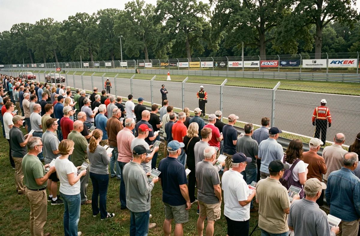 Spectateurs réunis le long d'un circuit lors d'une course automobile régionale en week-end