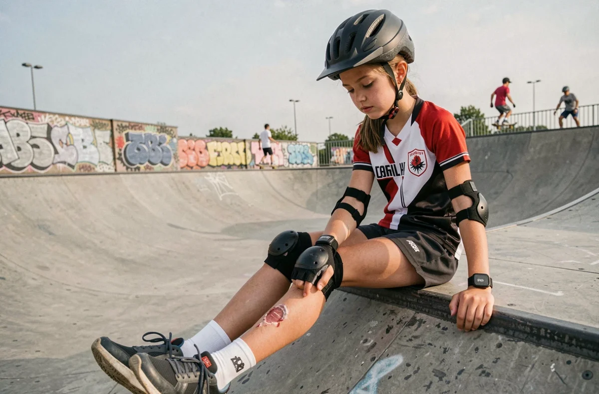 Adolescente équipée de protections assise sur une rampe de skatepark avec une légère égratignure au bras